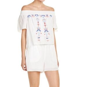 Parker White Off-Shoulder Romper with Blue and Red Embroidery